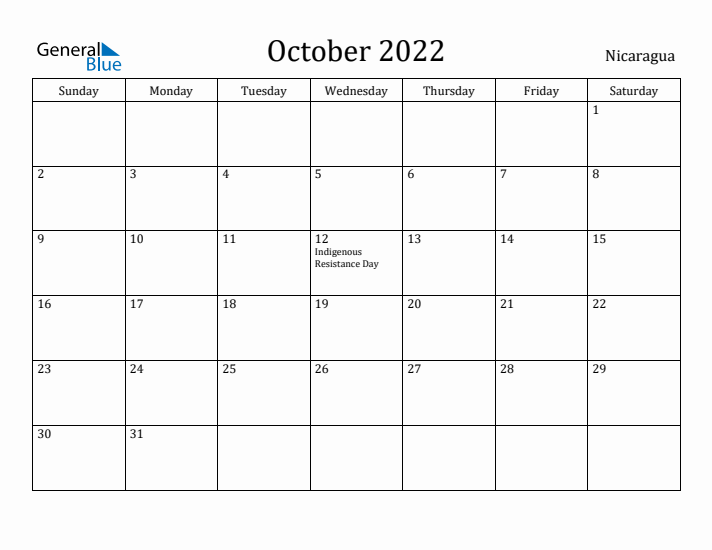 October 2022 Calendar Nicaragua