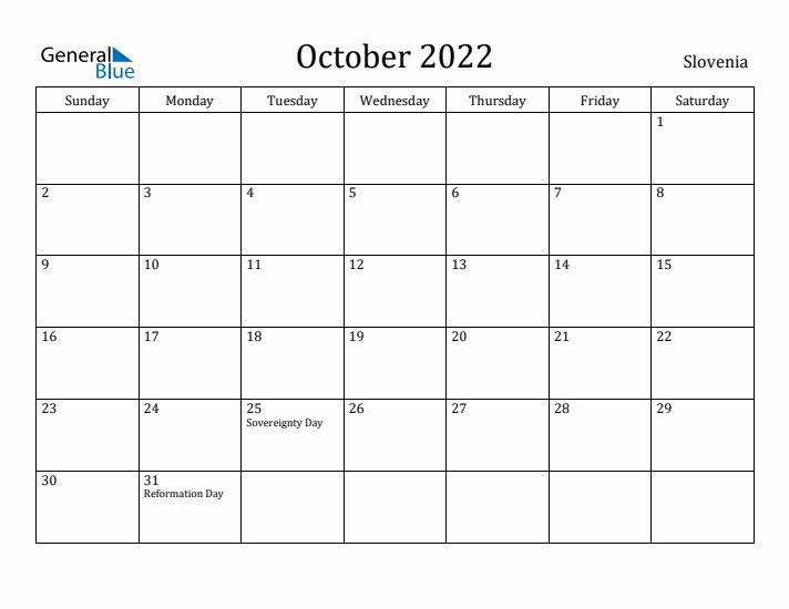 October 2022 Calendar Slovenia