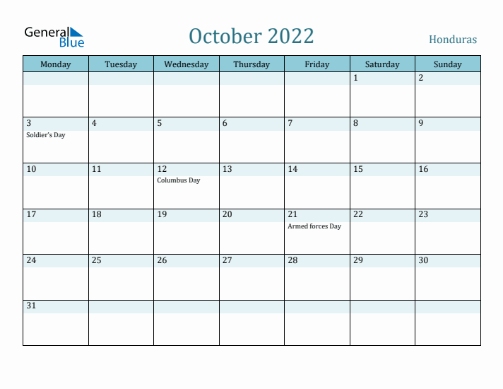 October 2022 Calendar with Holidays