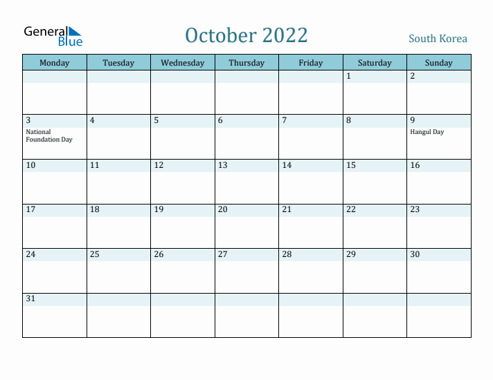 October 2022 Calendar with Holidays