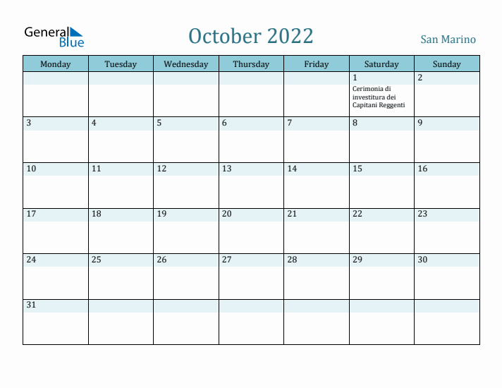 October 2022 Calendar with Holidays