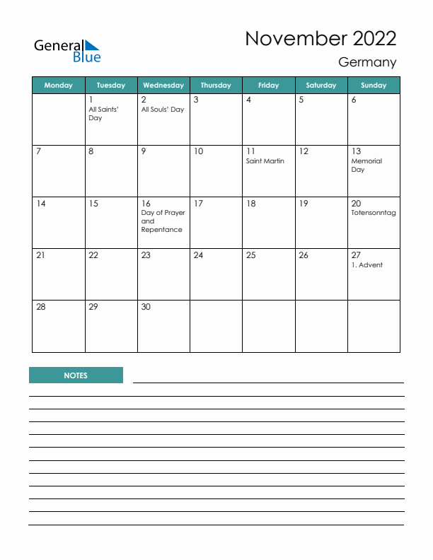 Calendar with Notes Printable - Monday Start