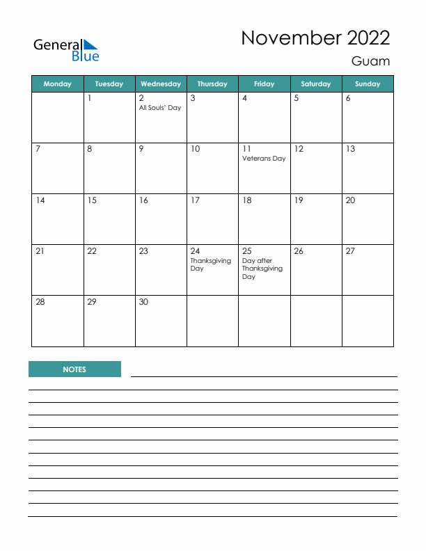 Calendar with Notes Printable - Monday Start