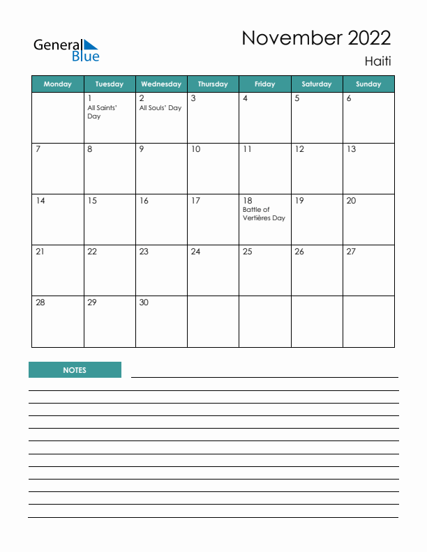 Calendar with Notes Printable - Monday Start