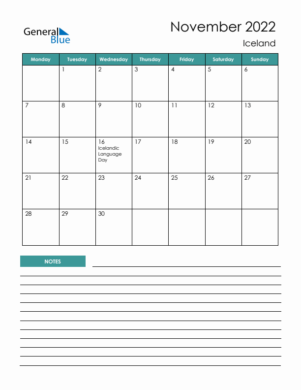 Calendar with Notes Printable - Monday Start