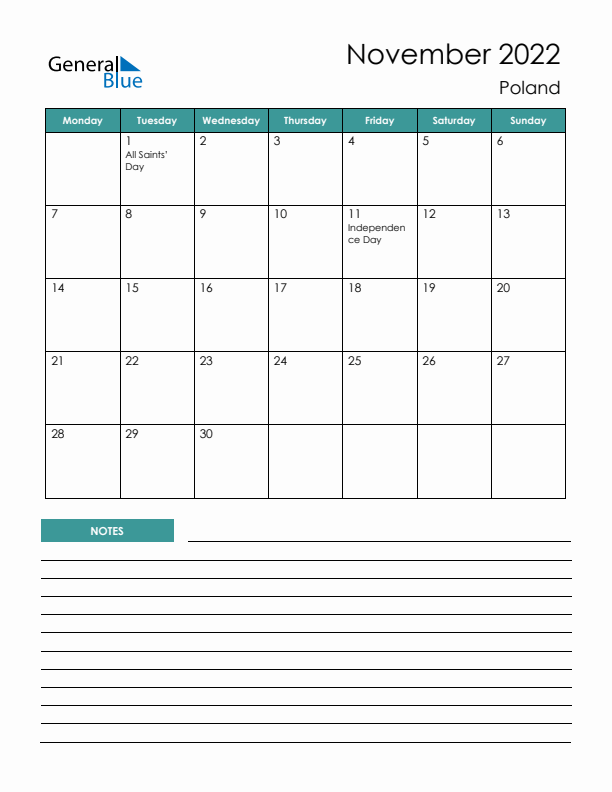 Calendar with Notes Printable - Monday Start