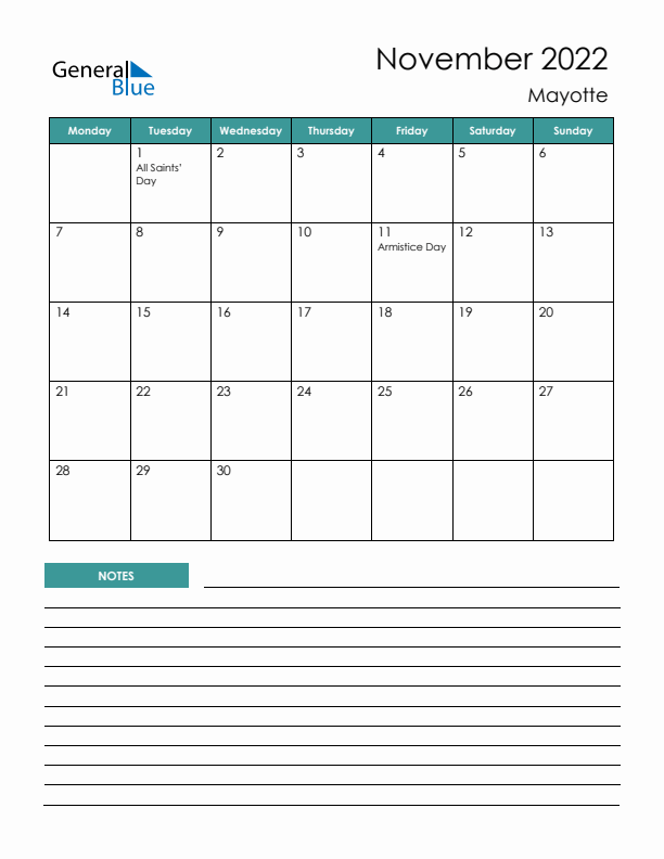 Calendar with Notes Printable - Monday Start