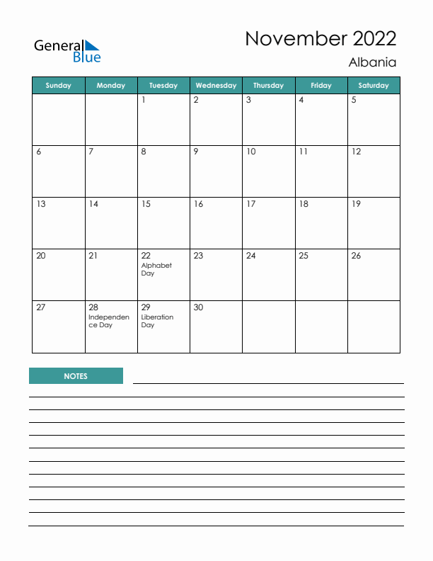 Calendar with Notes Printable - Sunday Start