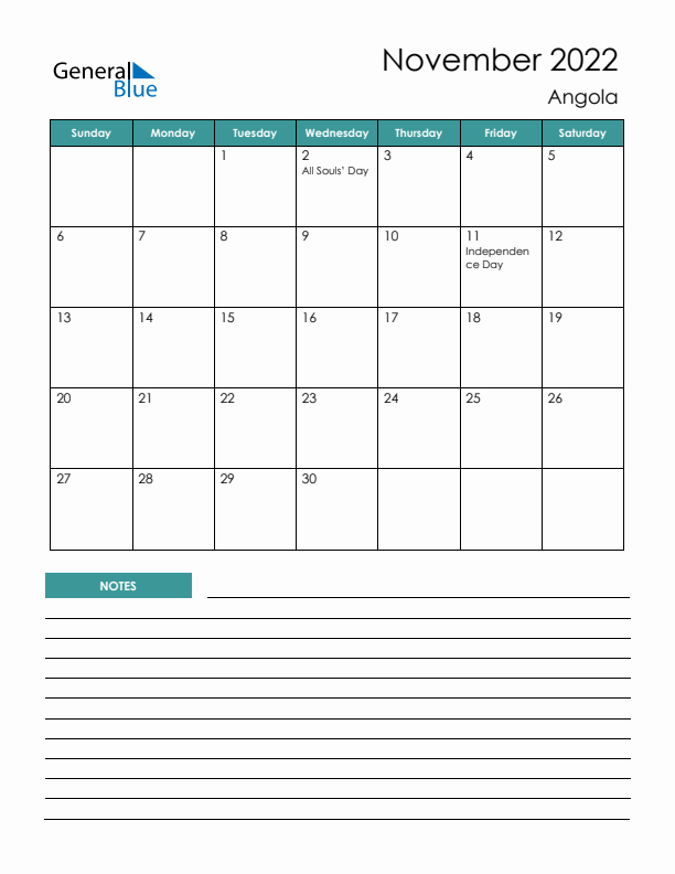 Calendar with Notes Printable - Sunday Start