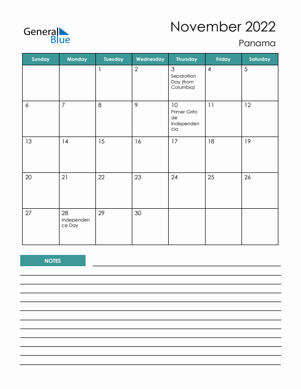 Calendar with Notes Printable - Sunday Start