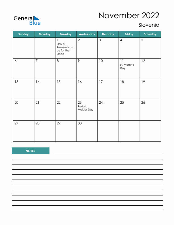 Calendar with Notes Printable - Sunday Start