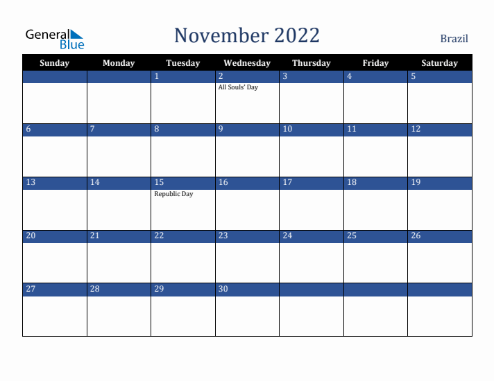 November 2022 Brazil Calendar (Sunday Start)