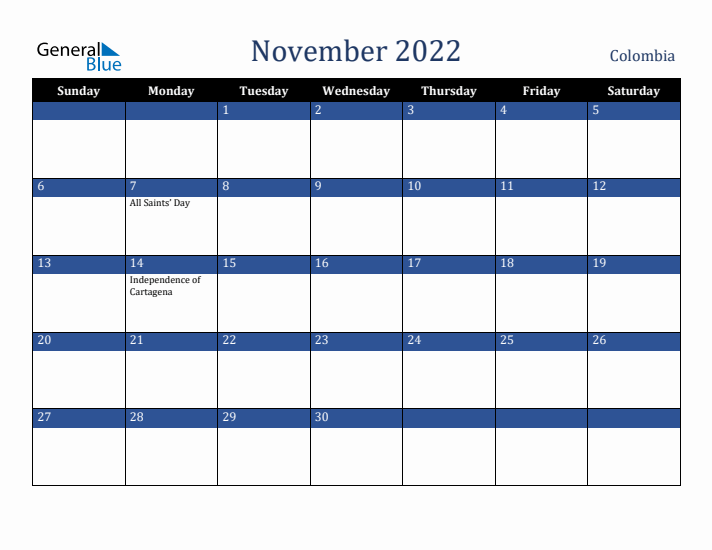 November 2022 Colombia Calendar (Sunday Start)