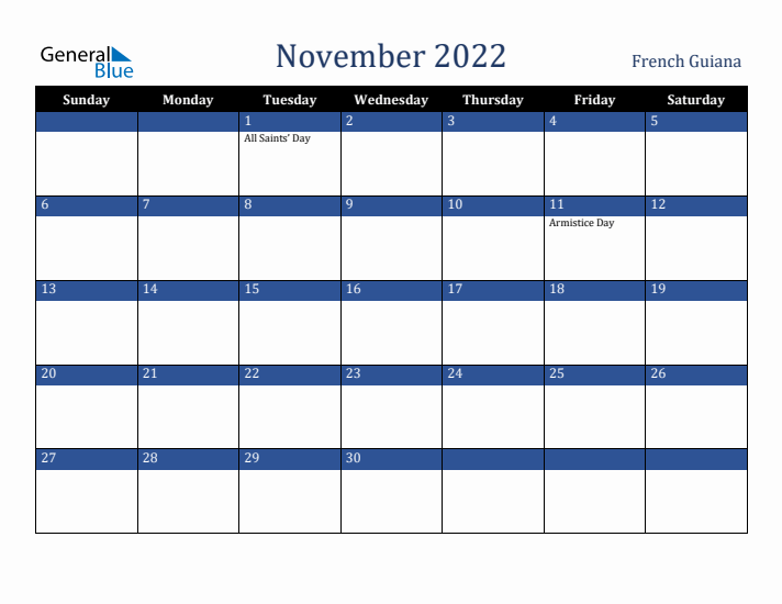 November 2022 French Guiana Calendar (Sunday Start)