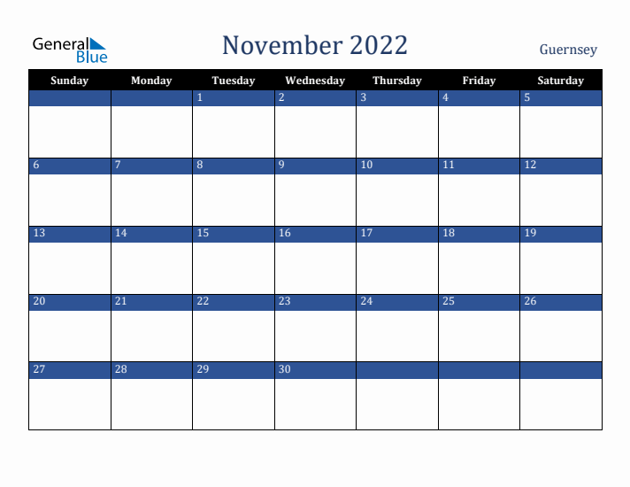 November 2022 Guernsey Calendar (Sunday Start)