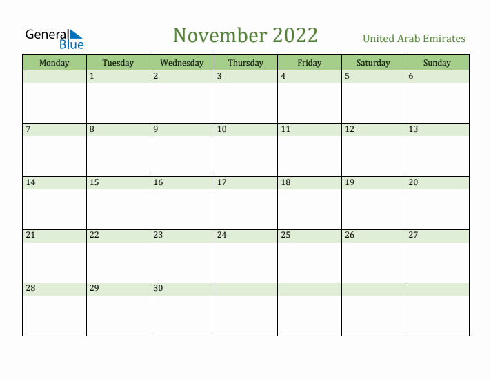 November 2022 Calendar with United Arab Emirates Holidays