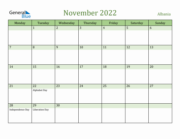 November 2022 Calendar with Albania Holidays