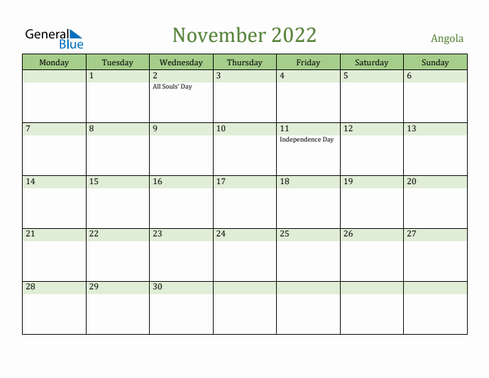 November 2022 Calendar with Angola Holidays