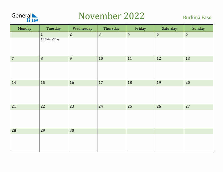 November 2022 Calendar with Burkina Faso Holidays