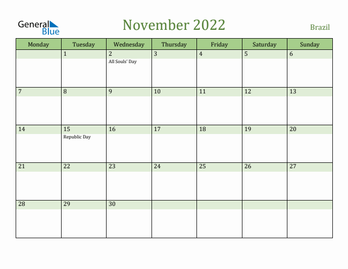 November 2022 Calendar with Brazil Holidays