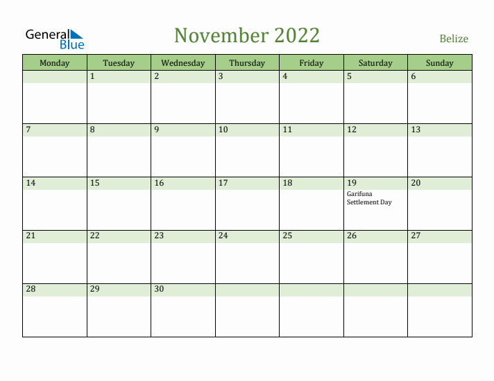 November 2022 Calendar with Belize Holidays