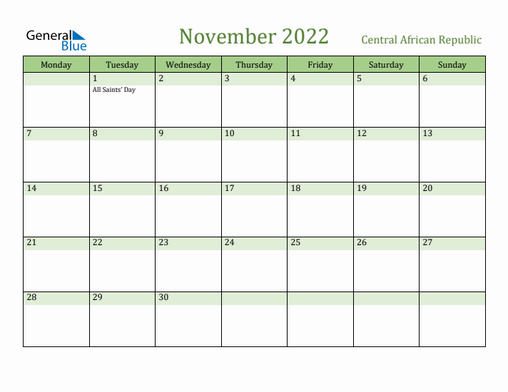 November 2022 Calendar with Central African Republic Holidays