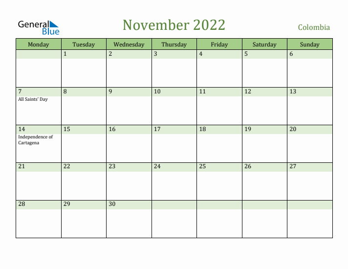 November 2022 Calendar with Colombia Holidays