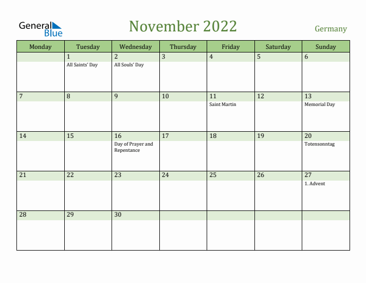 November 2022 Calendar with Germany Holidays