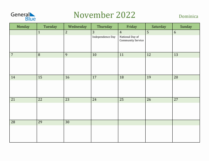 November 2022 Calendar with Dominica Holidays