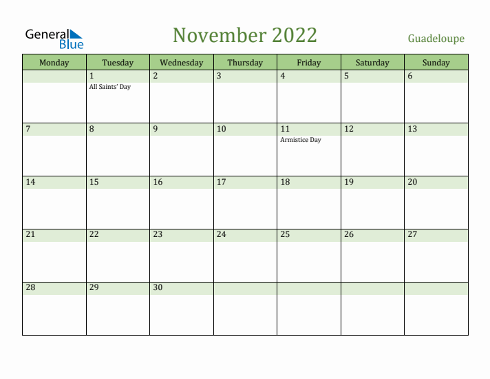 November 2022 Calendar with Guadeloupe Holidays