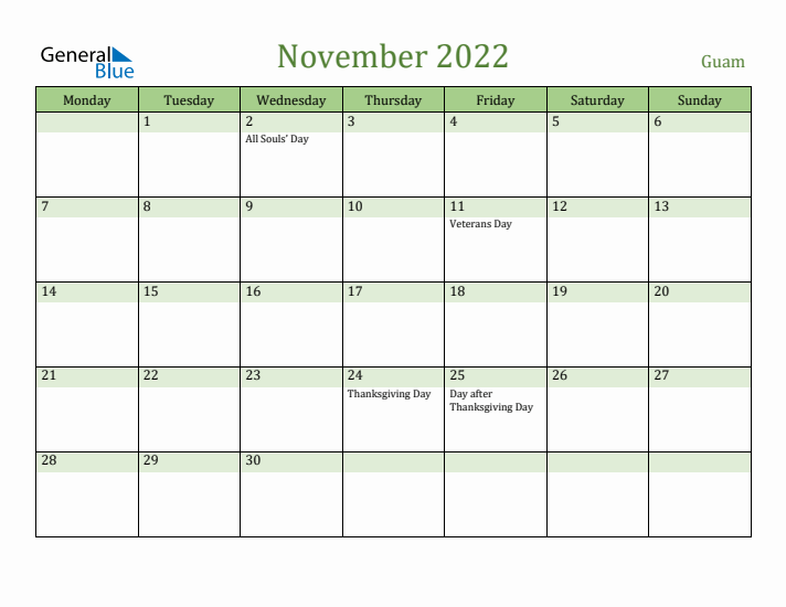 November 2022 Calendar with Guam Holidays