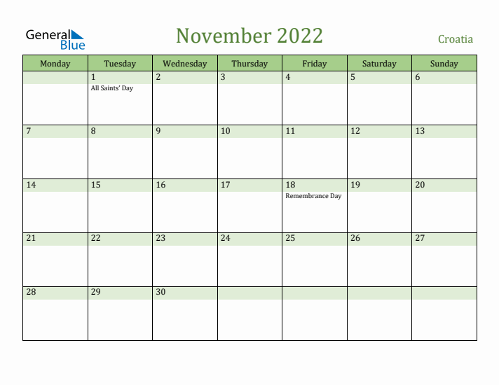 November 2022 Calendar with Croatia Holidays