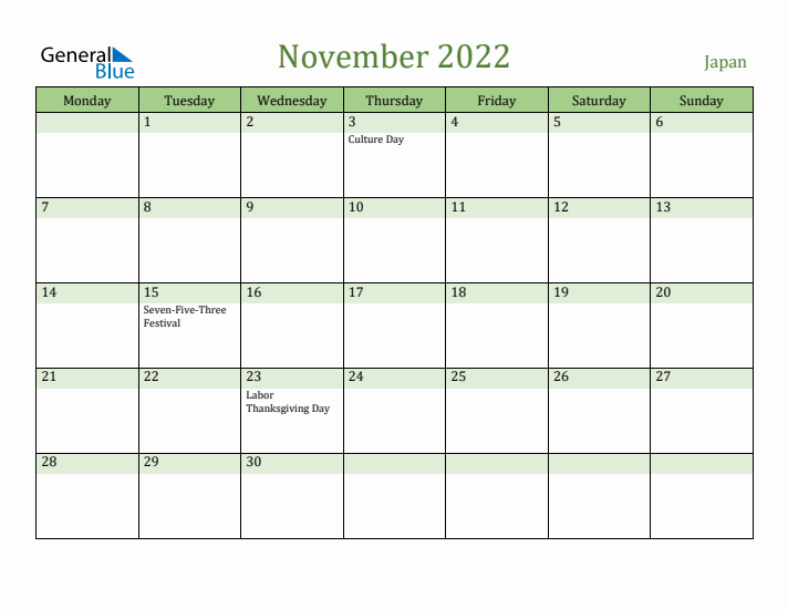 November 2022 Calendar with Japan Holidays