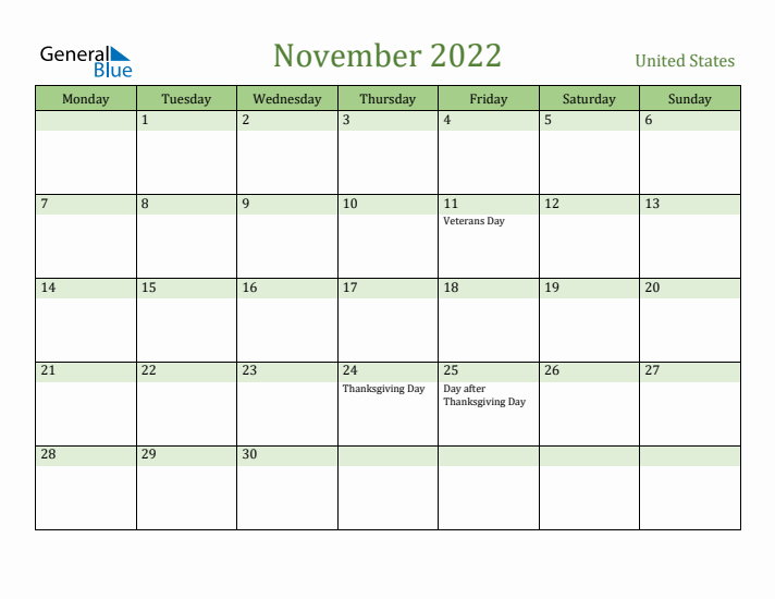 November 2022 Calendar with United States Holidays