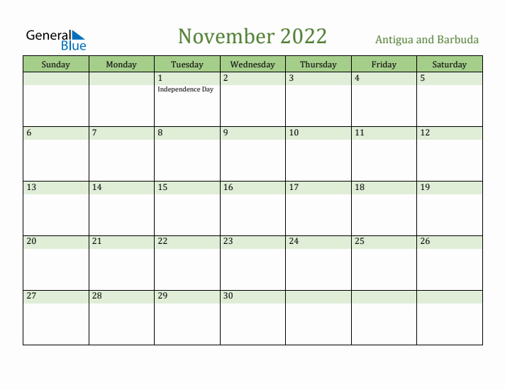 November 2022 Calendar with Antigua and Barbuda Holidays