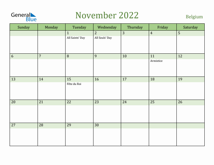 November 2022 Calendar with Belgium Holidays