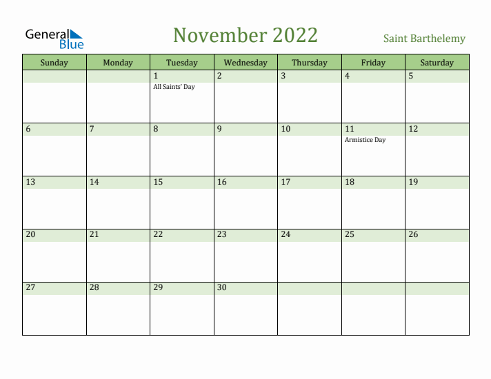 November 2022 Calendar with Saint Barthelemy Holidays