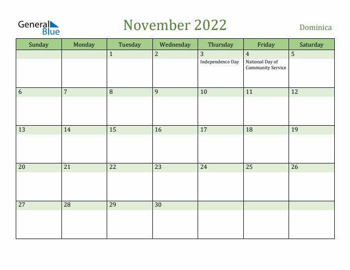 November 2022 Calendar with Dominica Holidays