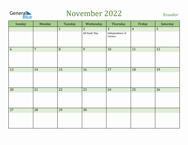 November 2022 Calendar with Ecuador Holidays