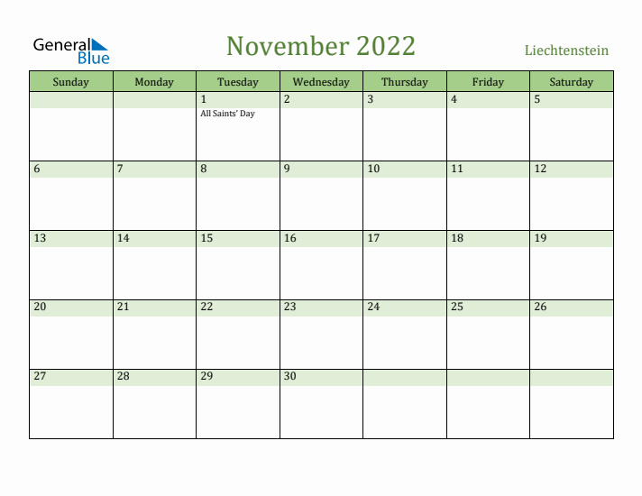 November 2022 Calendar with Liechtenstein Holidays