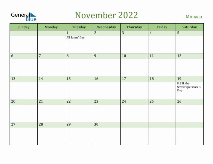 November 2022 Calendar with Monaco Holidays