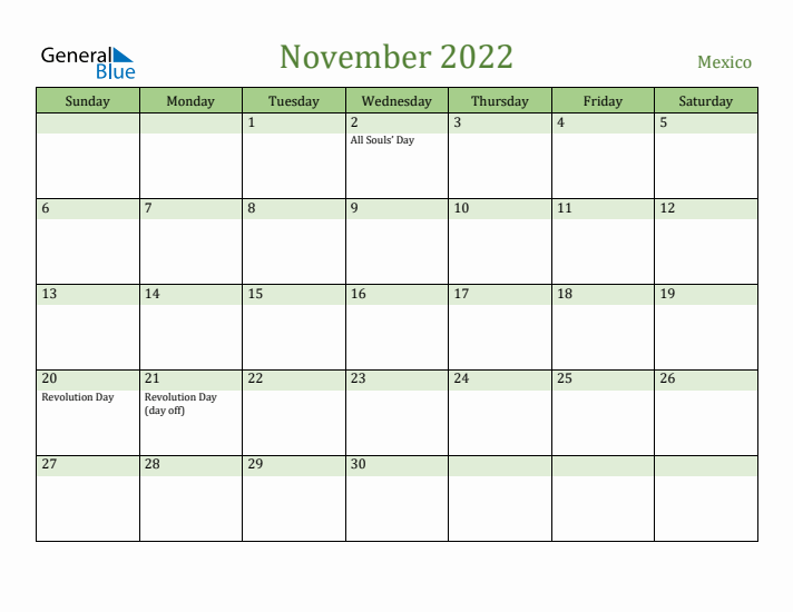 November 2022 Calendar with Mexico Holidays