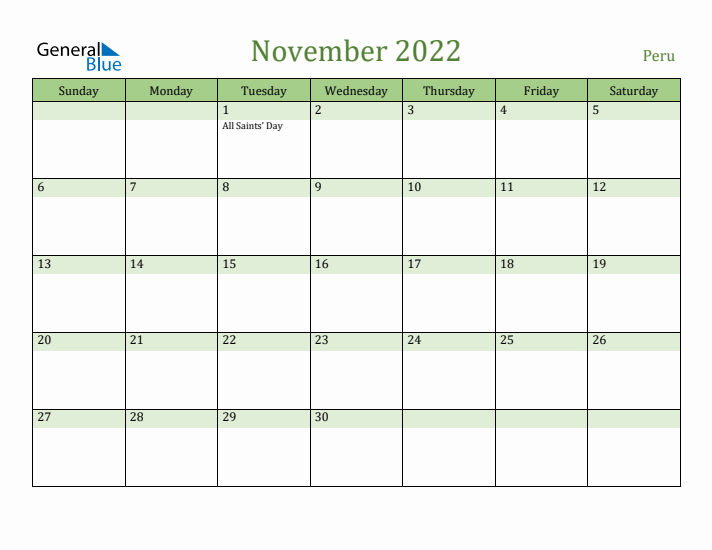 November 2022 Calendar with Peru Holidays