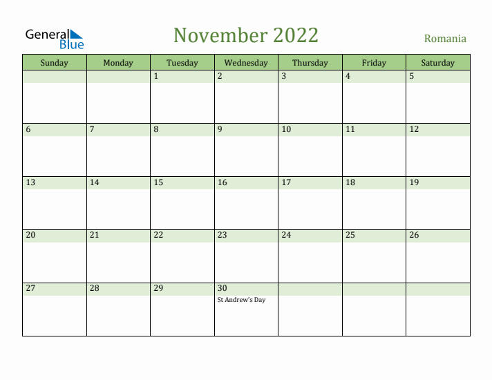 November 2022 Calendar with Romania Holidays