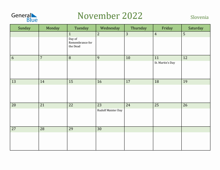 November 2022 Calendar with Slovenia Holidays