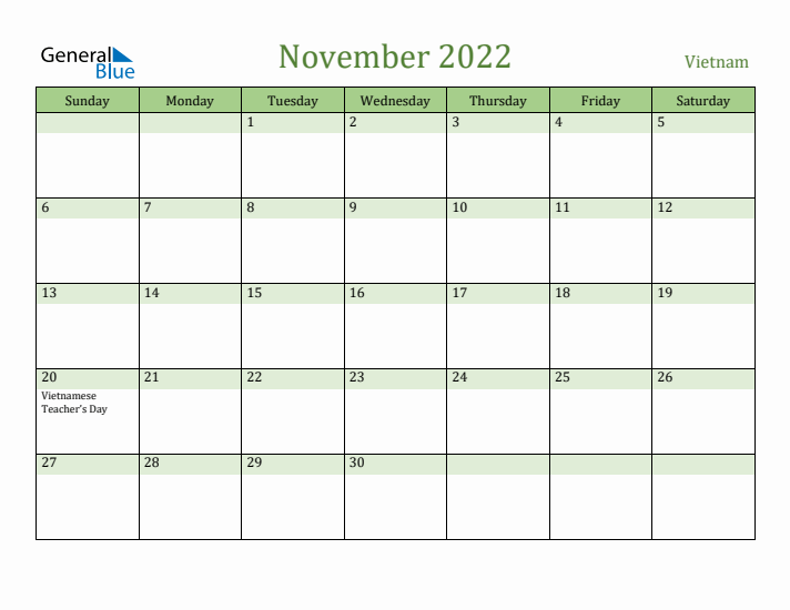 November 2022 Calendar with Vietnam Holidays