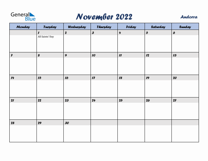 November 2022 Calendar with Holidays in Andorra