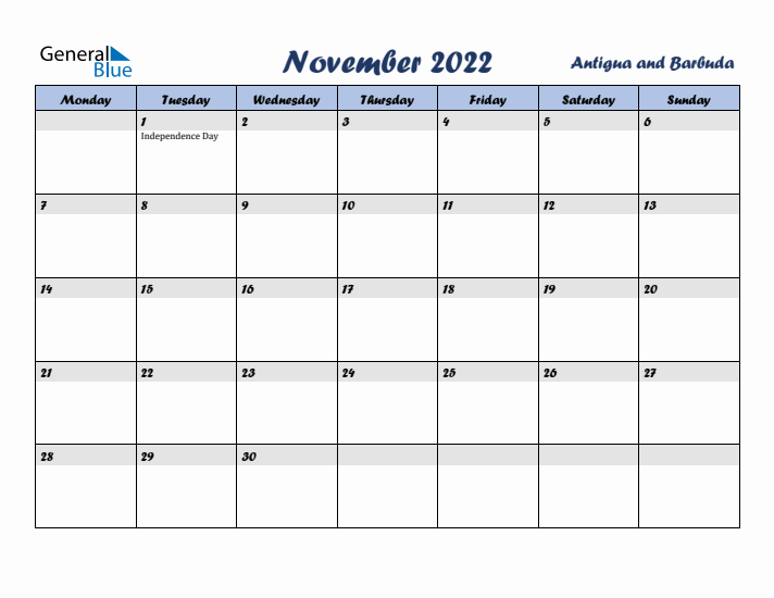 November 2022 Calendar with Holidays in Antigua and Barbuda