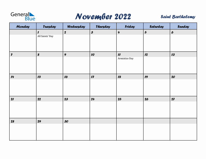 November 2022 Calendar with Holidays in Saint Barthelemy