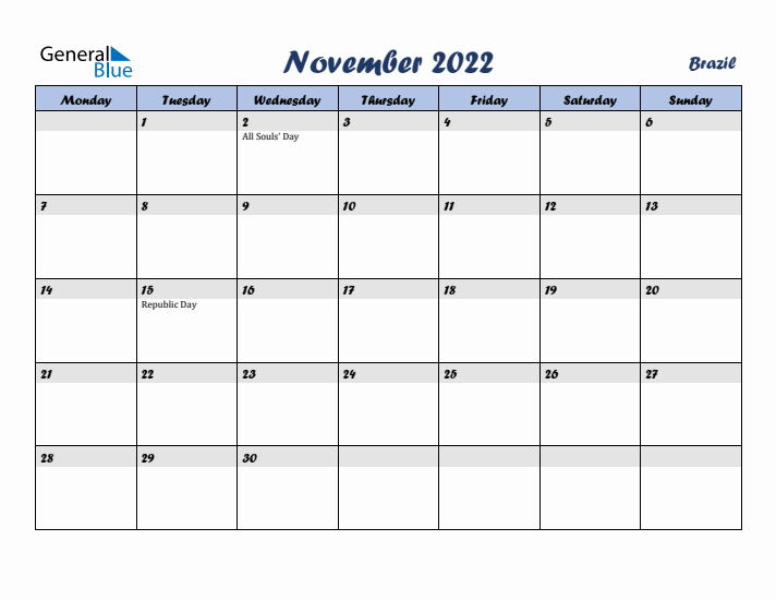 November 2022 Calendar with Holidays in Brazil